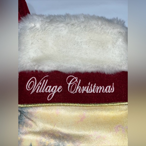 THOMAS KINKADE Village Christmas Fur Stocking Gold Embroidery 15"  Satin lining - Picture 10 of 15